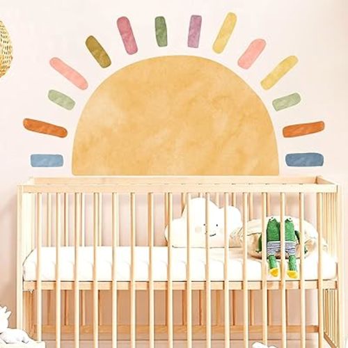 Watercolor Large Sun Wall Decal Boho Sun Sunshine Wall Sticker Peel and Stick Colorful Rainbow Sun Wall Stickers Removable Big Sun Wall Decals for Kid Room Bedroom Nursery Playroom Decor