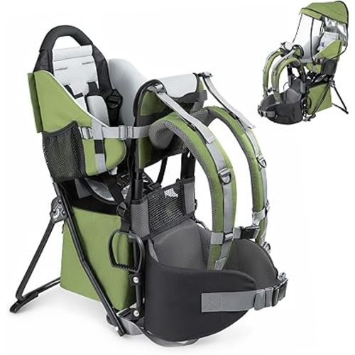 besrey Baby Backpack Carrier, Toddler Hiking Backpack with Safety 3-Height Seat, Adjustable Straps&Waist Belt, Foldable Frame Lightweight Large Capacity Child Carrier for Hiking Army Green