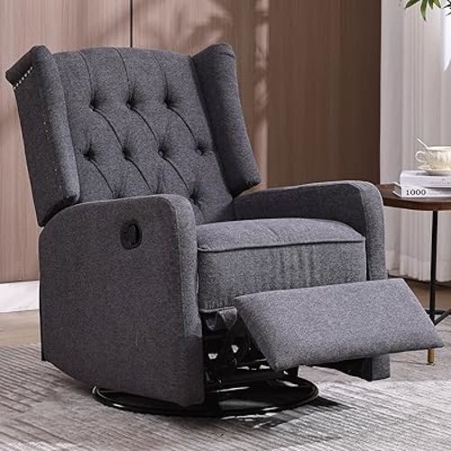Glider Recliner Nursery Chair, Cozy Linen Rocking Chair Nursery Recliner with Adjustable Button Backrest and Footrest, Swivel Recliner Chair for Living Room, Bedroom, Office (Dark Gray)