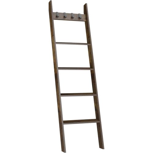 IBUYKE 5-Tier Blanket Ladder Shelf,Ladder Rack for Storage and Decor,Wooden Blanket Holder with Hooks,Easy Assembly for Bedroom,Rustic Brown TTR006H