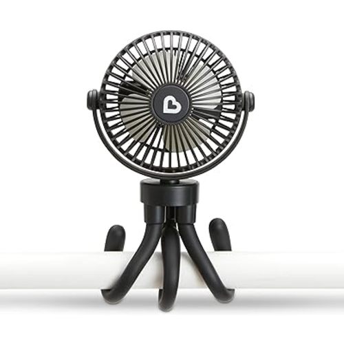 Munchkin Stroller Fan - Portable Fan for Travel, Baby Gear Accessory with 4 Speeds, Flexible Clip-on Leg Attachment, Rechargeable Battery, Black with Multicolored LED Lights
