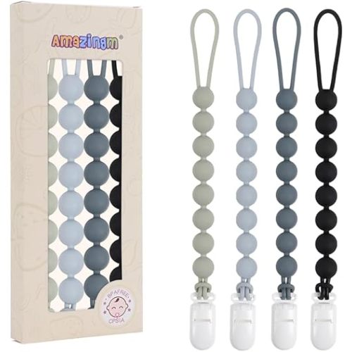One Piece Design Silicone Pacifier Clip Holder for Baby Boys and Girls,Flexible Pacifier Leashes,Soft Teether Clip for Newborns,4-Pack. (Gray)