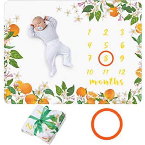 Buryeah Baby Monthly Milestone Blanket for Boy Girl 50" x 40" Little Cutie Blanket with Growth Chart Felt Frame Soft Flannel Swaddling Blanket Baby Shower Neutral Gift Newborn Nursery Picture Decor