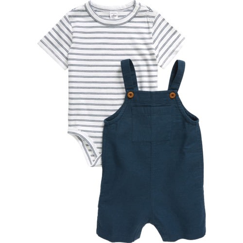 Baby Cotton Bodysuit & Shortalls Set, 12M, Navy Midnight- White Stripe