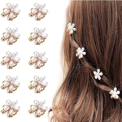 10 Pcs Small Mini Pearl Claw Clips with Flower Design, Sweet Artificial Bangs Clips Decorative Hair Accessories for Women Girls