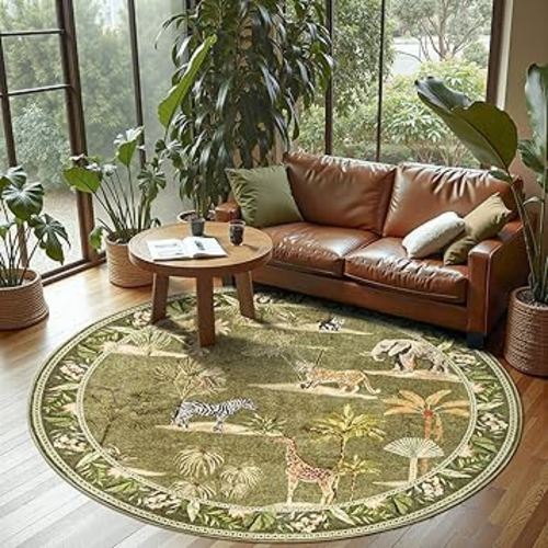 jinchan Round Rug 6ft Green Jungle Animals Print, Machine Washable 6' Circle Modern Soft Non-Slip Forest Plant Throw Area Rug, Low Pile Carpet for Living Room Bedroom Dining Room Nursery