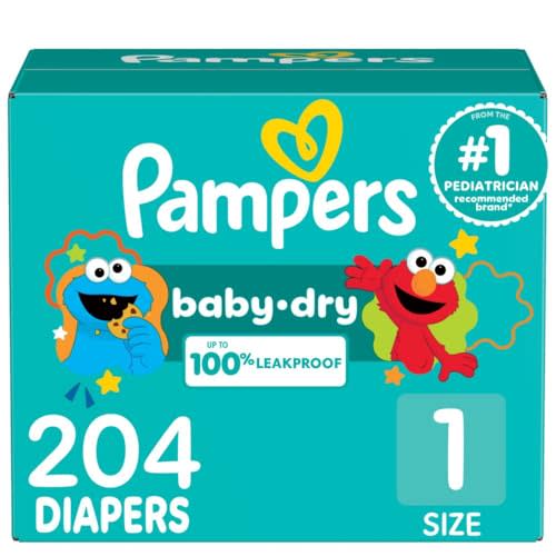 Pampers Diapers - Baby Dry - Size 1, 204 Count, Absorbent Disposable Infant Diaper (Packaging May Vary)
