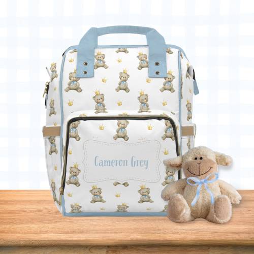 Personalized Name Baby Boy Diaper Backpack Bag Blue Teddy Bear Prince Gear Tote Vacation Travel Backpack Multi-purpose Everyday Hospital Bag