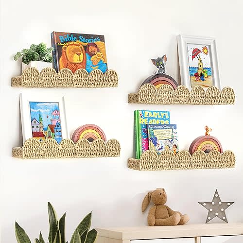 AELS Scalloped Nursery Bookshelf, Set of 4, Picture Ledge Shelf for Wall Decor, Woven Straw Paper Floating Shelves for Books, Toys, Photo Frames, Nursery, Boho Modern Farmhouse Book Shelf
