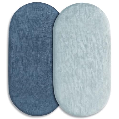 Muslin Bassinet Fitted Sheets, 2 Pack for Baby Boy and Girl, Soft Breathable Stretchy Baby Pad/Mattress Sheet Set, Universal Fit for Hourglass Oval and Rectangle Bassinet Mattress (Bright Colors)