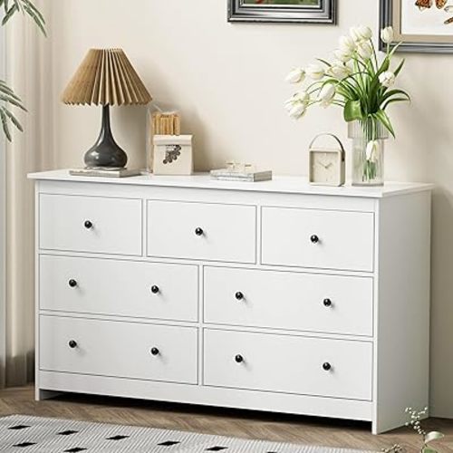 55'' White Dresser for Bedroom, 7 Deep Drawer Large Wood Dresser with Black Handles, Modern Wide Storage Dressers & Chests of Drawers for Entryway, Hallway