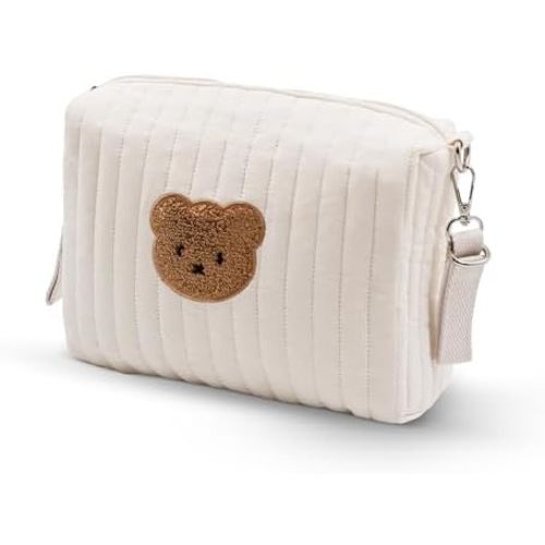 Makeup Bag, Quilted Cosmetic Bag, Cute Flora Makeup Bag, Large Aesthetic Travel Organizer for Travel Essentials, Diapers (Off White, 05) (Off White-Big Bear)