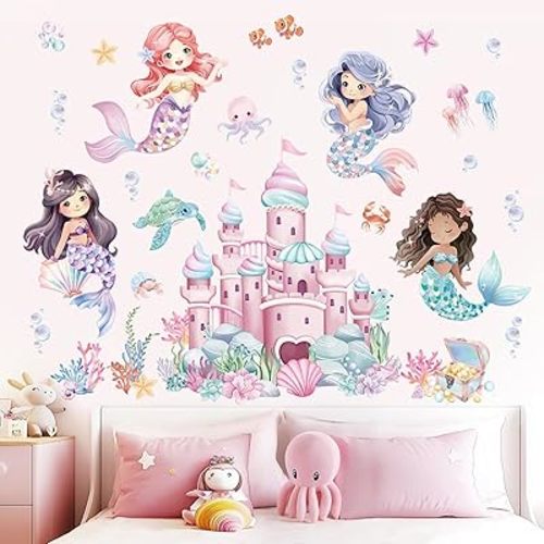 wondever Under The Sea Mermaid Castle Wall Stickers Ocean Creature Seaweed Bubble Peel and Stick Wall Art Decals for Girls Bedroom Baby Nursery Kids Bedroom