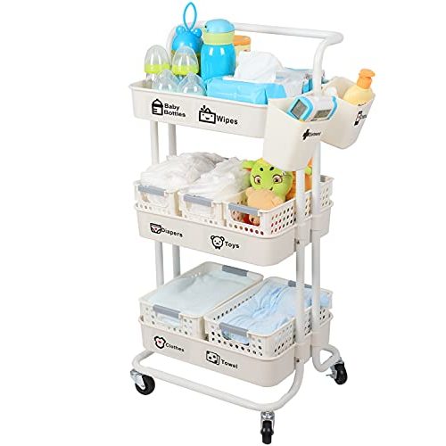 JOLEAD Baby Diaper Caddy Organizer Cart Movable, 3-Tier Sturdy Newborn Nursery Essentials Storage Cart for Changing Tables, with Mesh Baskets Hanging Cups and Sticker, Easy to Assemble