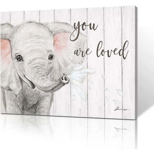 AXXPosters Elephant Nursery Canvas Wall Art: Blush Pink and Grey Baby Elephant Wall Art Prints "You Are Loved" Inspirational Quote Poster Cute Animal Picture for Baby Kids Room Decor Unframed
