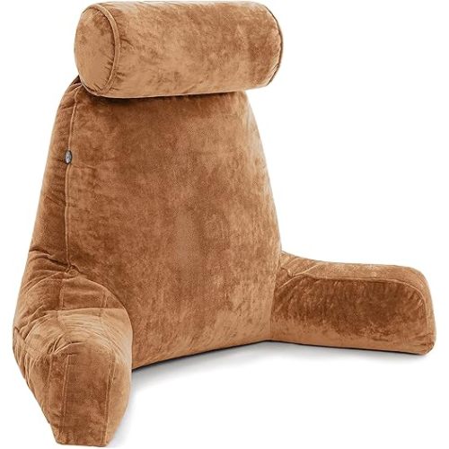 Husband Pillow XXL – Reading Pillow Bed Chair with Arms & Back Support – Tan - Back Pillow for Beds Sitting Up – Bed Rest Arm Pillow – Comfy Reading Pillow for Adults