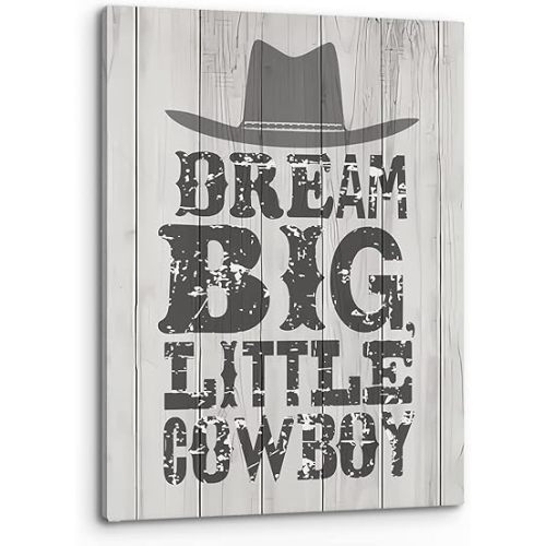 PHAMTE Inspirational Quote Dream Big Little Cowboy Wall Art,Retro Western Cowboy Hat Poster Print Framed Canvas Painting Artwork For Home Boys Room Nursery Decor(11x14 Inch)