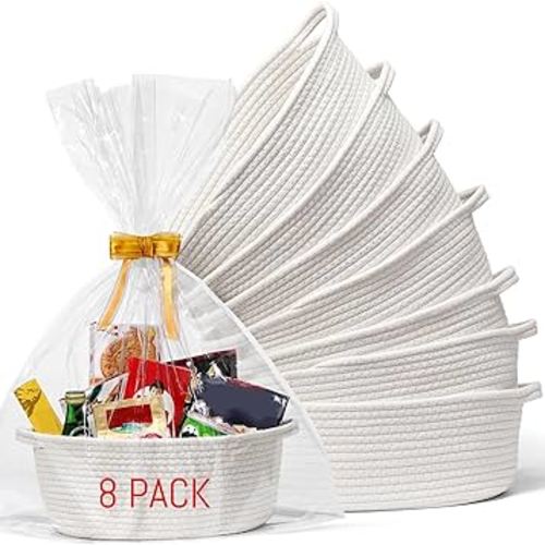 8 Pack Small Woven Basket with Gift Bags and Ribbons, All 12"x 8"x 5", Empty Decorative Gift Chest Box, Cute Baby Gift Basket for Nursery, Cotton Rope Room Shelf Storage Basket with Handles, White