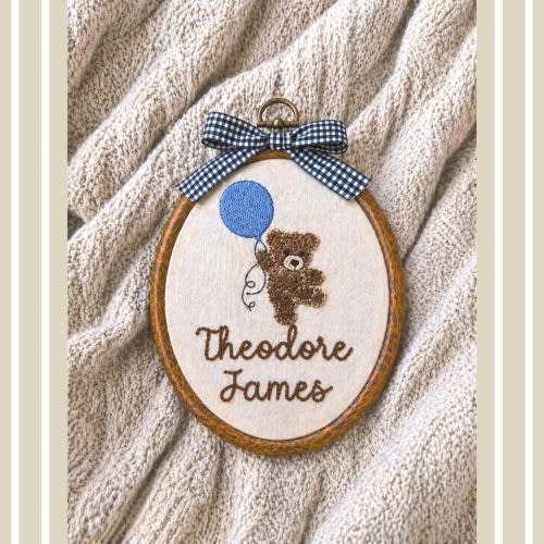 Baby name sign embroidered with teddy bear and balloon, baby name reveal sign heirloom, nursery wall decor personalized