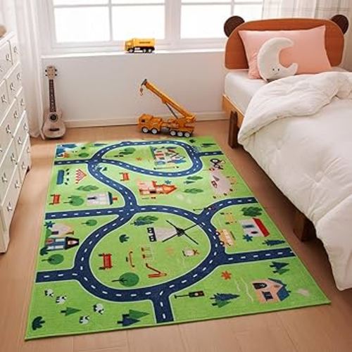 Amazon Basics Kids Washable Area Rug, Printed Carpet Play Mat for Living Room, Bedroom, Nursery, Classroom, 3' W × 5' L, City Road Green