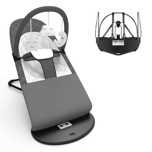 Portable Baby Bouncer Seat for Babies 0-18 Months, 100% Cotton Fabrics, Adjustable Multi Position Baby Bouncer Seat, Infant Rocker Chair with Hanging Toys-Dark Grey
