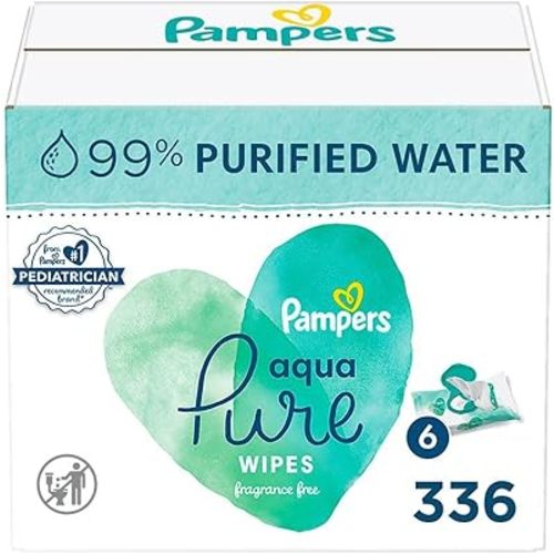 Pampers Baby Wipes Aqua Pure, 99% water-based wipes, Hypoallergenic and Unscented Baby Wipes, 336 Wipes Total (6 Flip-Top Packs)