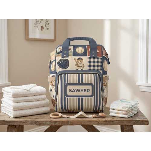 Baseball Teddy Patchwork Diaper Backpack for Dad | Personalized Nursery Bag | New Dad Gift | Coach Dad Gift