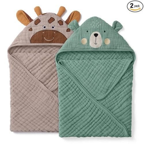 Blissful Diary Muslin Baby Hooded Towel 2 Pack, Soft & Absorbent Bath Towel for Infant, Toddler, Unisex, Baby Gift, Newborn Essentials, Bear & Giraffe