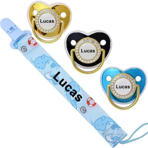 4 unidades, chupete personalizado con nombre, clip para chupete personalizado, regalo de bebé para niños y niñas recién nacidos, accesorio de bebé con nombre (0-6 meses) (azul)