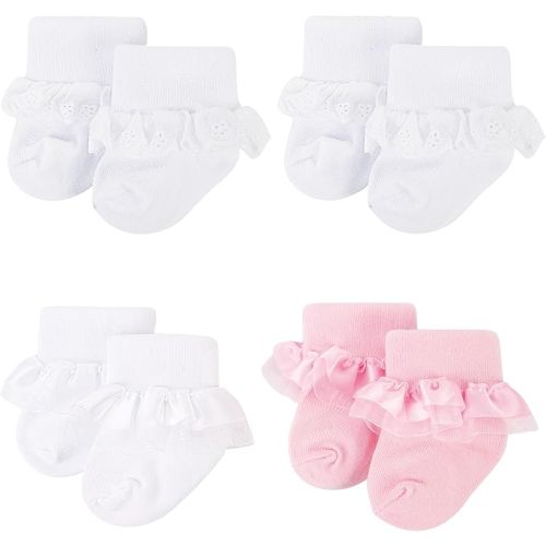 4 Pairs Baby Girl Ruffle Socks Frilly Lace Cotton Trim Dress Cute Sock Gifts For 0-36 Months Toddler