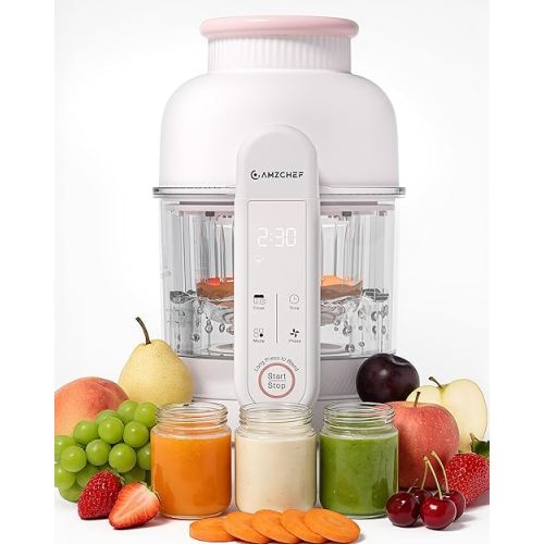 AMZCHEF Baby Food Maker with Auto Steam & Blend, 6-in-1 Baby Puree Maker with Food-grade glass, BPA-Free & Easy Cleaning, Touch Screen, Dishwasher Safe(10oz)