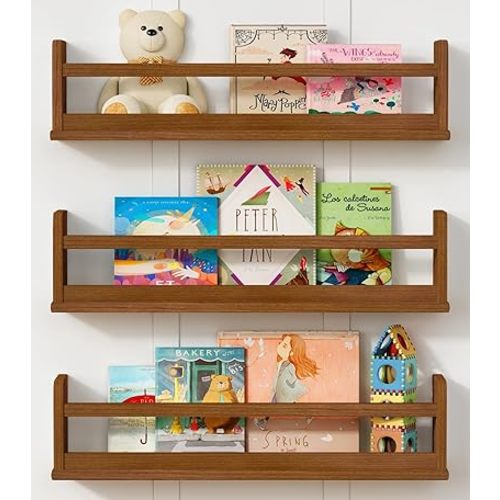 Floating Nursery Book Shelves Wall Mounted, Wooden Wall Bookshelf for Kids Room, Dark Wood Hanging Book Shelf for Baby Toddler Childrens Bedroom (24 Inch, Walnut Brown, Set of 3)