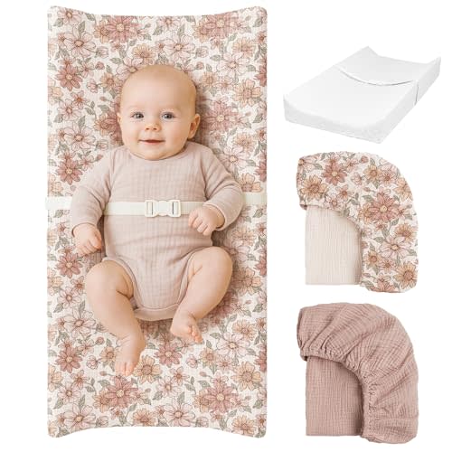 Konssy Muslin Changing Pad with Waterproof Lining Foam, Includes 2 Pack Soft & Cotton Cover, Baby Diaper Changing Pad for Dresser or Table, 32x16 inches (Vintage Petals, Taupe)