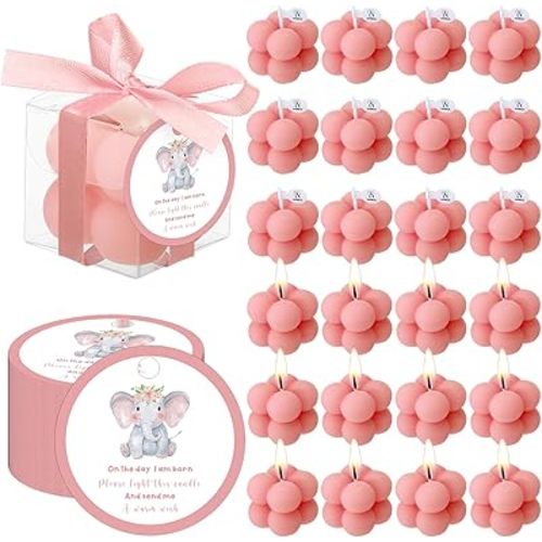 MTLEE 24 Sets Elephant Baby Shower Candle Favors Small Bubble Candle Baby Shower Favors for Guests Tea Candles Bulk with Stylish Ribbons Cards Gifts Party Decoration(Pink,Elephant)