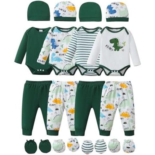 NZRVAWS Newborn Baby Boy Girl Clothes Unisex Infant Romper Pants Set Hat 4-Pack Outfits 0-12 Months 16 Pieces Toddler