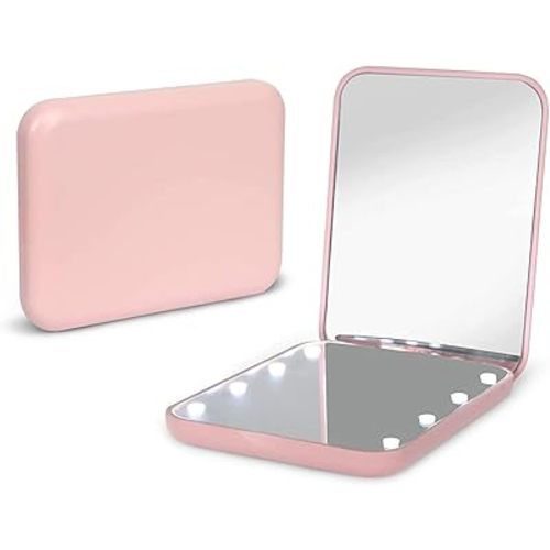 Kintion Pocket Mirror, 1X/3X Magnification LED Compact Travel Makeup Mirror with Light for Purse, 2-Sided, Portable, Folding, Handheld, Small Lighted Mirror for Gift, Pink