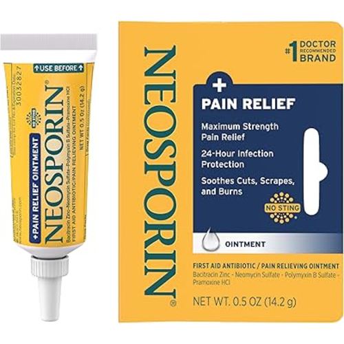 Neosporin + Maximum-Strength Pain Relief Dual Action Ointment, First Aid Topical Antibiotic & Analgesic Ointment for 24-Hour Infection Protection with Bacitracin Zinc & Pramoxine HCl,.5 oz