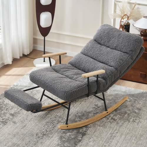 High Back Rocking Chair, Teddy Fabric Nursery Glider Rocker with Adjustable Back and Retractable Footrest, Modern Rocking Accent Chair Nursery Chair for Living Room, Bedroom, Gray