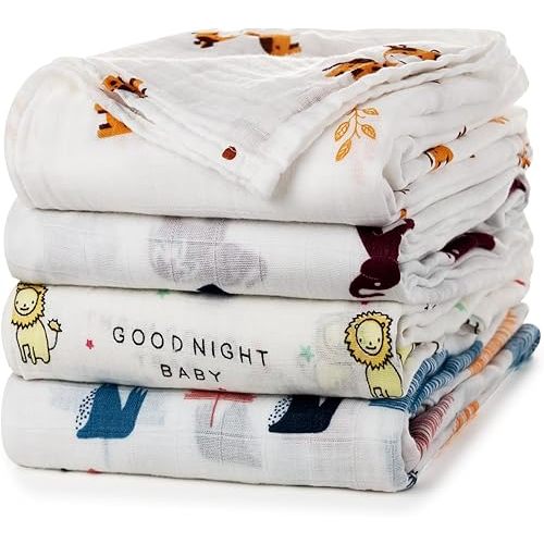 upsimples Baby Swaddle Blanket Unisex Swaddles Wrap Soft Silky Muslin Neutral Receiving Blankets for Boys and Girls, Large 47 x 47 inches, Set of 4 - Sika Deer/Elephant/Lion/Fox