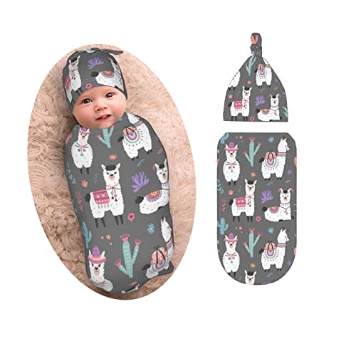 Cartoon Llama Newborn Swaddle Blankets Beanie Hat Sets Soft and Stretchy Baby Blanket Swaddle Sleep Sacks for Baby Shower Infant Boy and Girl