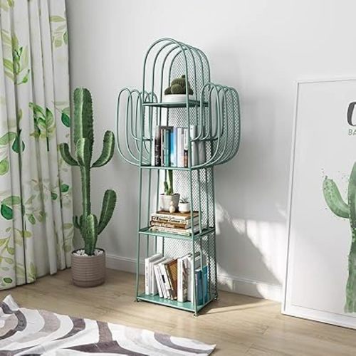4-Tier Freestanding Ladder Bookshelf, Iron Cactus Bookcase Storage Organizer, Green Ladder Corner Bookcase for Living Room, Bedroom