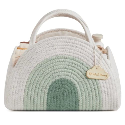 Blissful Diary Baby Diaper Caddy Organizer, Cotton Rope Diaper Caddy Basket, Large Storage Basket for Newborn Boys and Girls, Gift for Baby Shower List, Newborn Essentials, Mint Rainbow