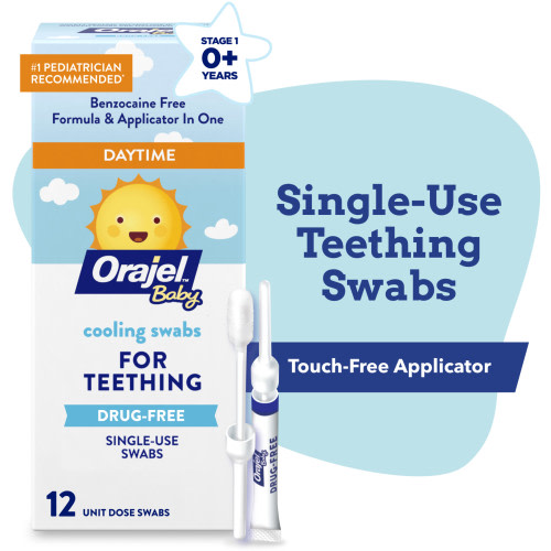 Orajel Baby Teething Cooling Swabs, Daytime, for Relief of Painful Swollen Gums, Drug-Free, 12 Swabs