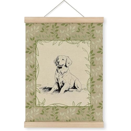 MAQIKA Golden Retriever Puppy Poster Framed with Wood Hanger, Golden Retriever Decor, Golden Retriever Gifts, Sage Green Hanging Wall Decor, Dog Puppy Pictures Canvas Wall Art for Home 12x16 Inch