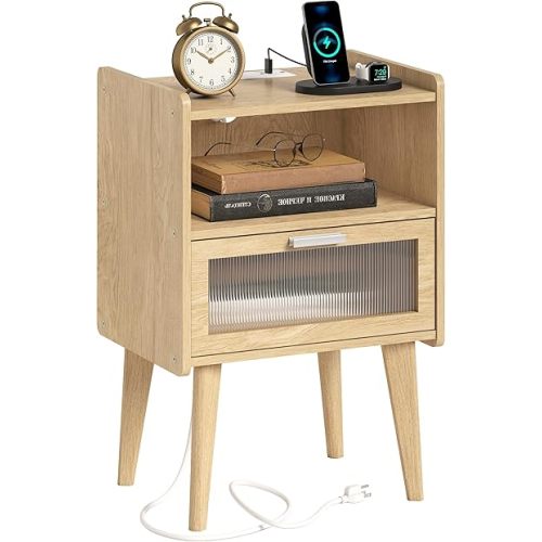 Nightstand with Charging Station, Bedside Tables with Glass Decorative Door, Natural End Table, Side Table with 2 Tiers Storage Space for Bedroom Living Room CAMLBZ07YE