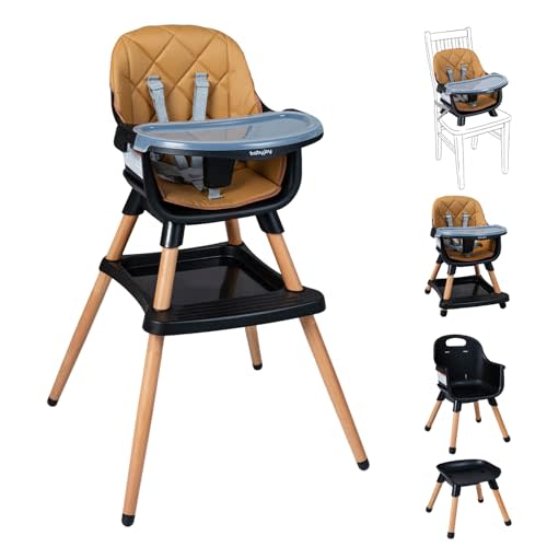 BABY JOY 8-in-1 High Chair, Convertible Wooden Highchairs for Babies and Toddlers | Dining Booster Seat | Toddler Stool, Double Removable Tray, 5-Point Safety Harness & Waterproof PU Cushion (Coffee)