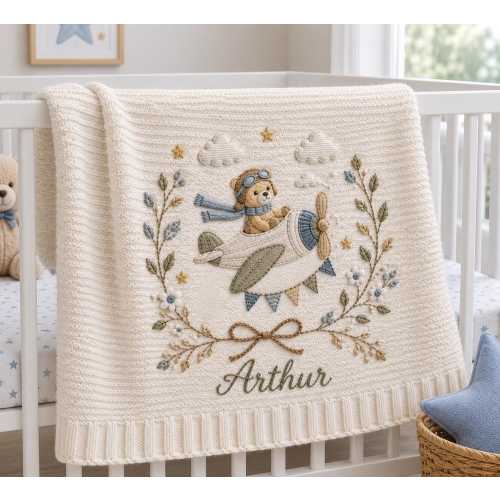 Personalized Baby Blanket, Embroidered Teddy Bear Airplane Blanket, Custom Name Nursery Blanket, Baby Boy Gift, Newborn Gift