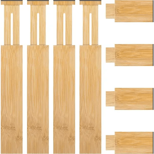FJO 4 Pack Adjustable Bamboo Drawer Dividers Organizers (12.5" - 21.7") - Expandable Drawer Separators for Kitchen, Utensils, Clothes, Bedroom, Dresser, Bathroom (12.5inches, Beige)