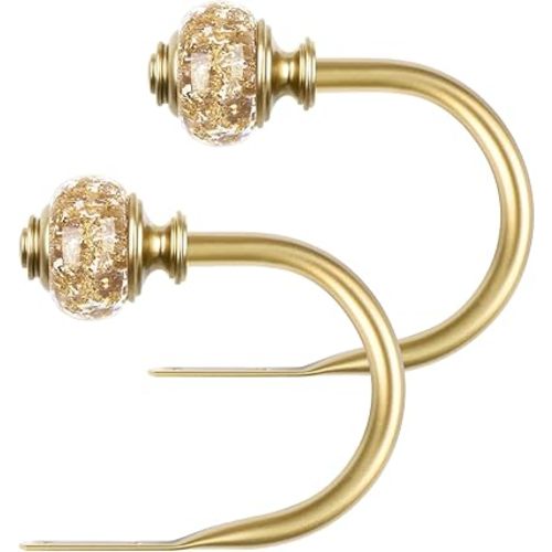 2 Pack Curtain Holdbacks, USFOOK Decorative Window Drapery Tiebacks (2 Pack/1 Pair), Curtain Tie Back Hooks for Wall with Gold Translucent Finials (3.95" L x 3.4" W)
