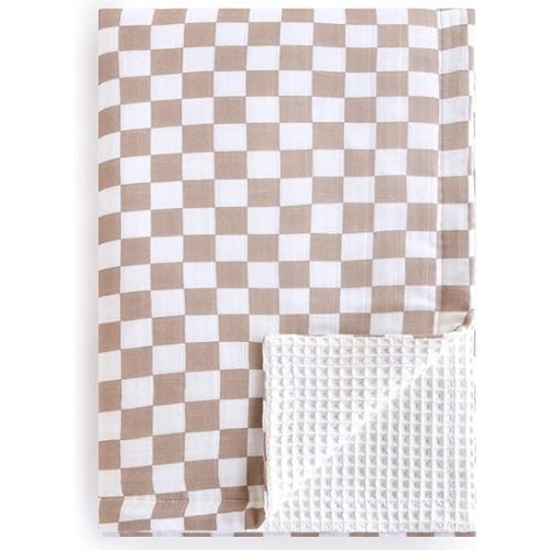 LifeTree Waffle Baby Blankets Neutral, Muslin Checkered Swaddle Blankets for Boys Girls, 2 Layers Crib Stroller Blanket Receiving Blankets with Muslin Front and Waffle Backing Infant Newborn
